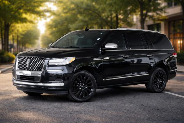 Black Lincoln Navigator Black Label L exterior photographed in an upscale city setting