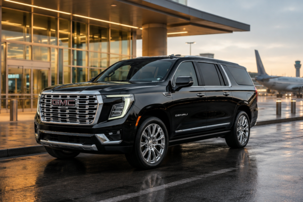 Black 2025 GMC Yukon XL Denali exterior at Seattle-Tacoma International Airport