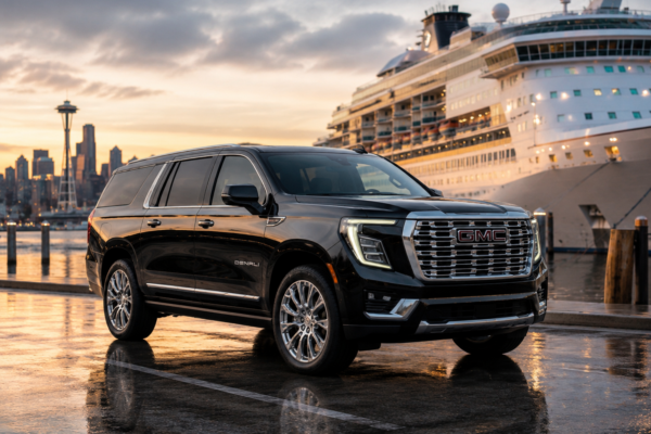 Black 2025 GMC Yukon XL Denali exterior near a Seattle cruise terminal