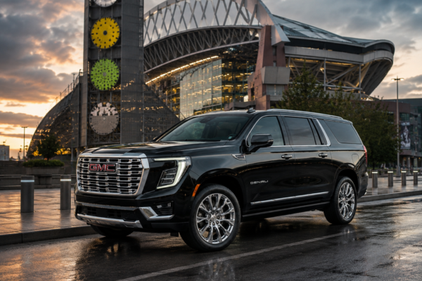 Black 2025 GMC Yukon XL Denali exterior at a Seattle stadium