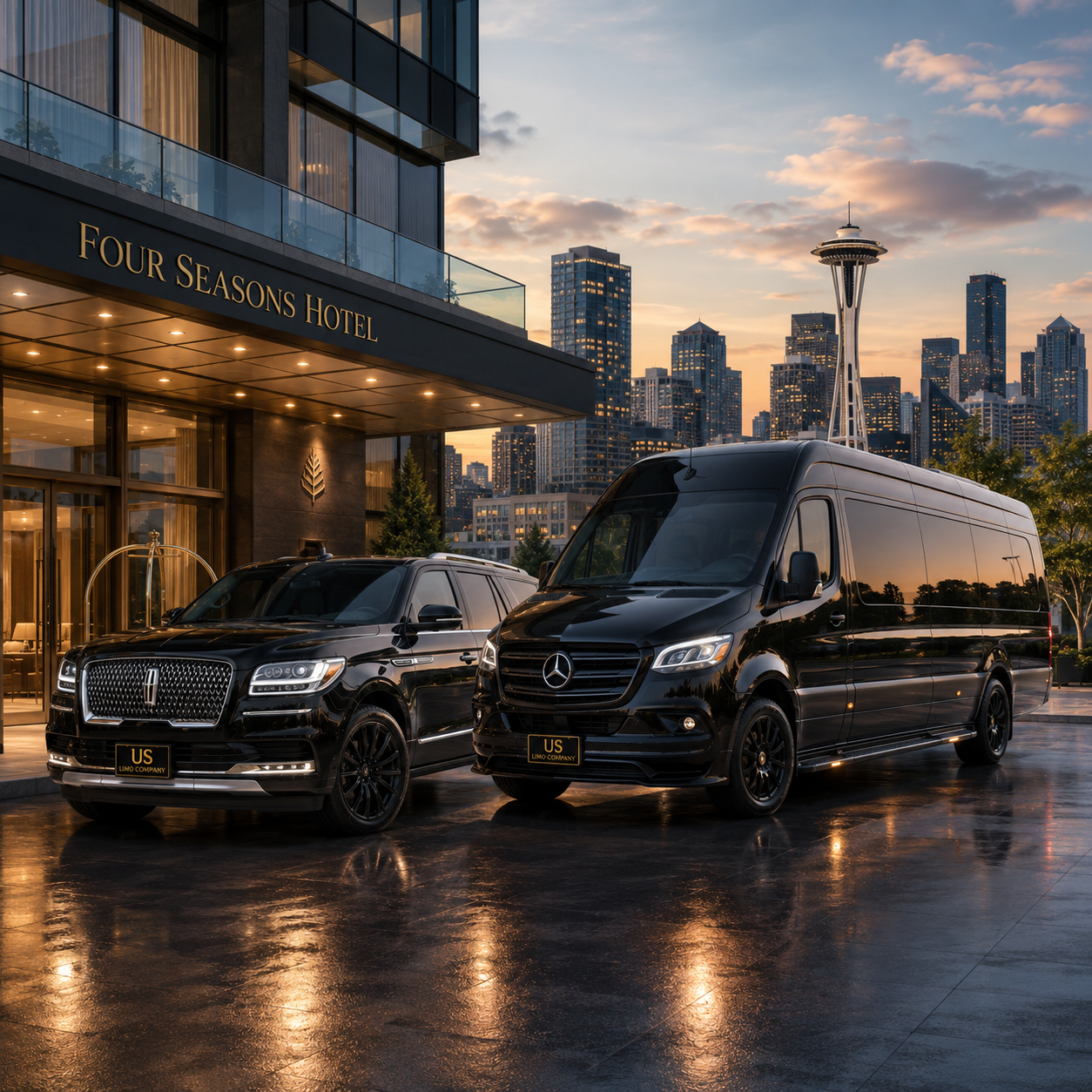 Seattle executive chauffeur service with a luxury SUV and Mercedes Sprinter van outside a corporate hotel