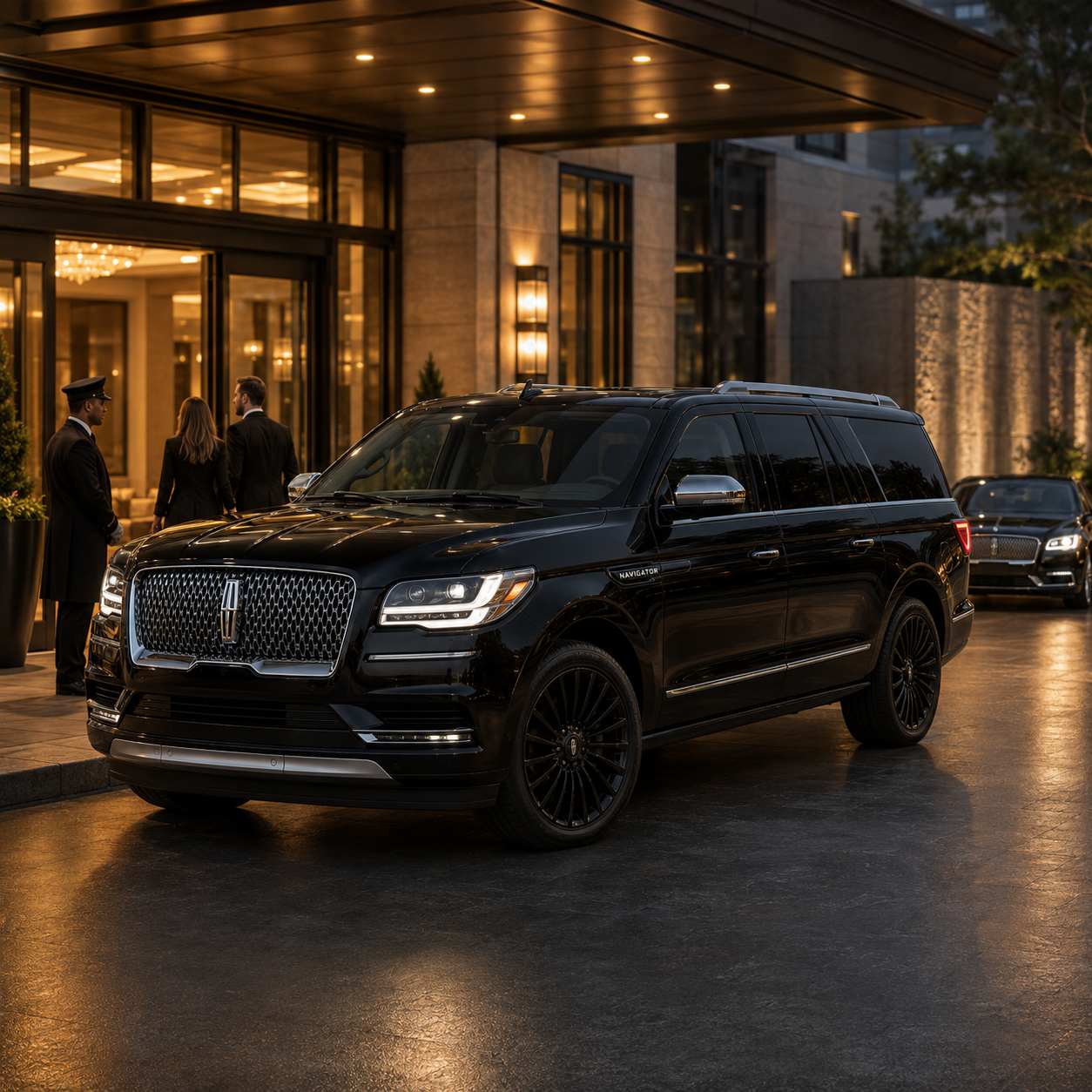 Black Lincoln Navigator for Seattle executive car service at a luxury hotel